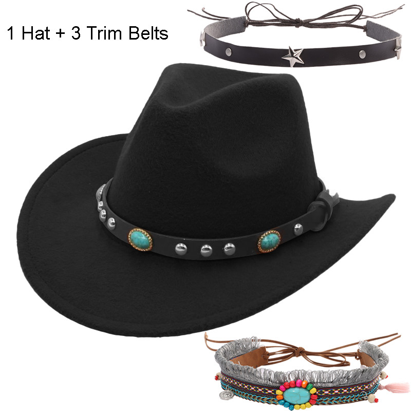 Black Cowboy Cowgirl Hat for Women Men Western Style Wide Brim Felt Fedora  Panama Hat with Detachable Belt Buckle