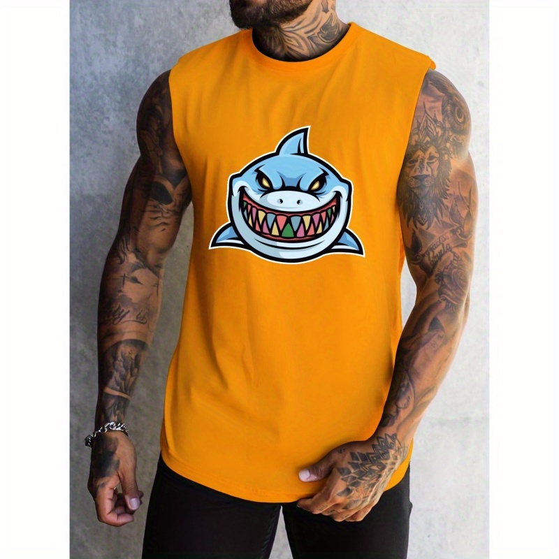 

Cartoon Shark With Colorful Teeth Graphic Print, Men's Graphic Design Tank Top, Casual Comfy Sleeveless Shirt For Men, Men's Sporty Breathable Clothing Top For Gym Training Workout, For Summer