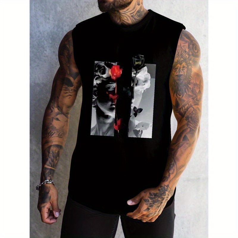 

Rose Print Summer Men's Quick Dry Moisture-wicking Breathable Tank Tops, Bodybuilding Sports Sleeveless Shirts, For Running Training, Men's Clothing