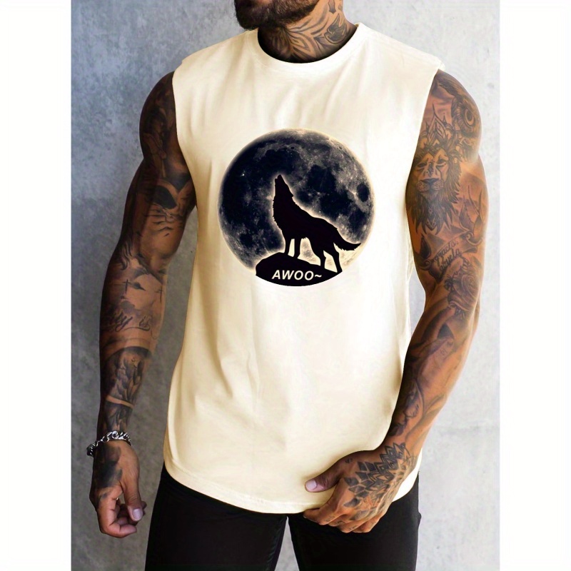 

Moon And Wolf Print Summer Men's Quick Dry Moisture-wicking Breathable Tank Tops Athletic Gym Bodybuilding Sports Sleeveless Shirts For Workout Running Training Men's Clothing