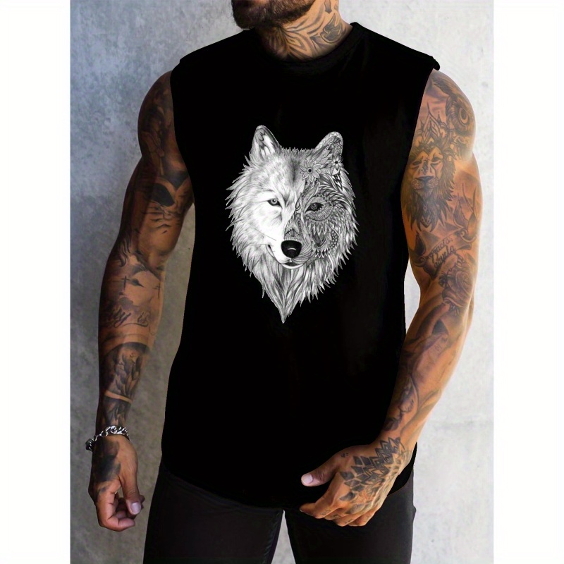

Wolf Print Summer Men's Quick Dry Moisture-wicking Breathable Tank Tops Athletic Gym Bodybuilding Sports Sleeveless Shirts For Workout Running Training Men's Clothing