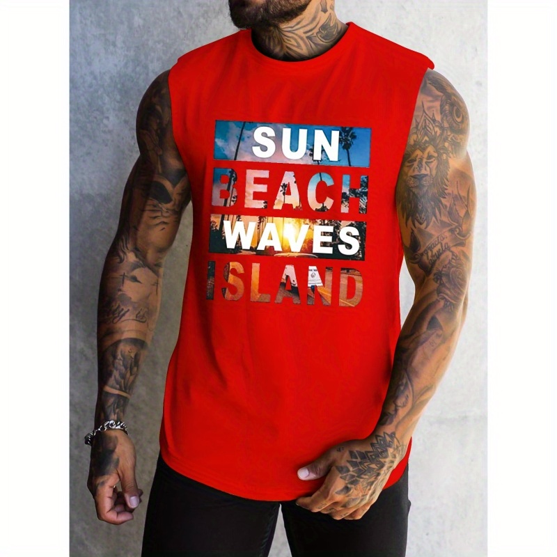 

Sun Beach Waves Island Print Men's Quick Dry Moisture-wicking Breathable Tank Tops Athletic Gym Bodybuilding Sports Sleeveless Shirts For Workout Running Training Men's Clothes