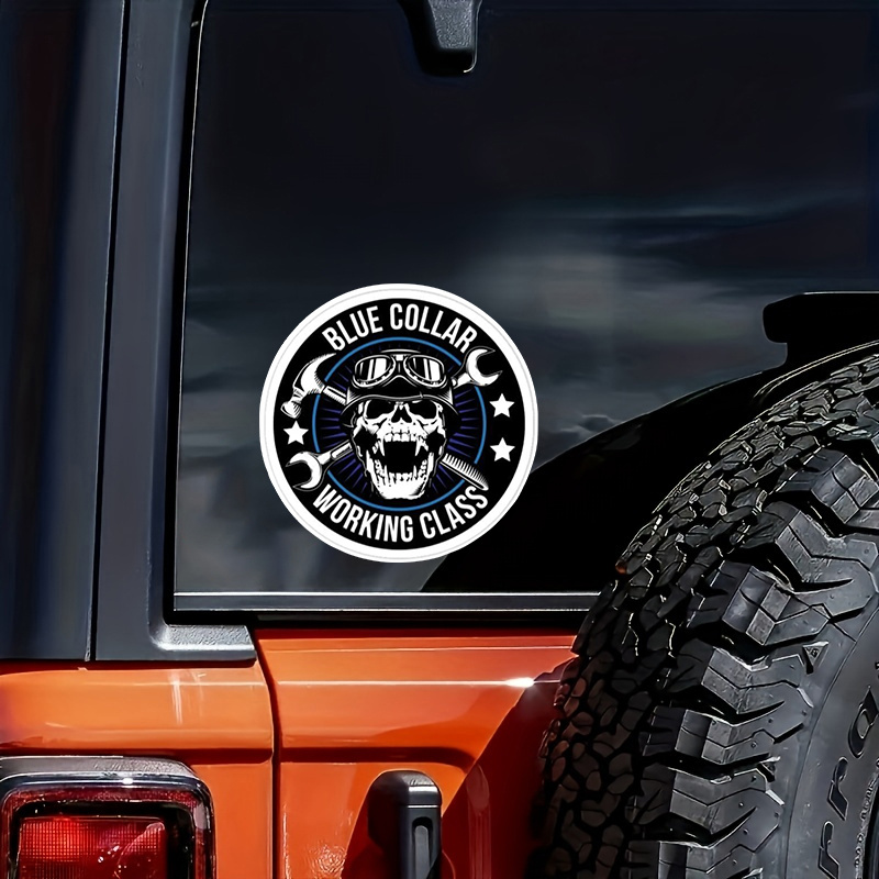 Blue Collar Working Class Skull Sticker | Decal | 5 Inches | Waterproof | for Car Bumper, Truck Etc