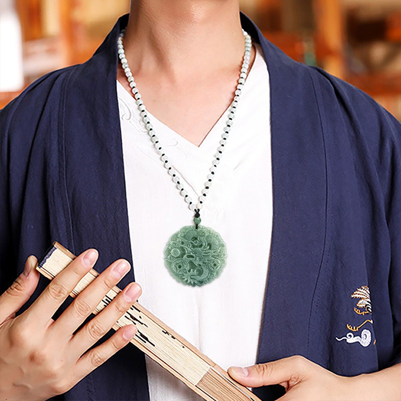 Dragon Design Pendant Necklace with Natural Beads, Unisex