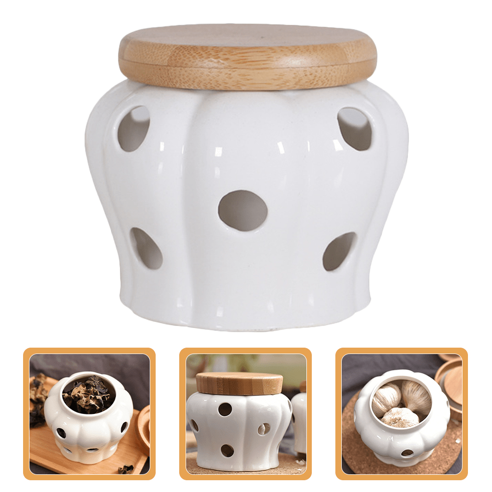 elegant white ceramic garlic keeper ventilated kitchen storage jar for ginger garlic   decor details 1