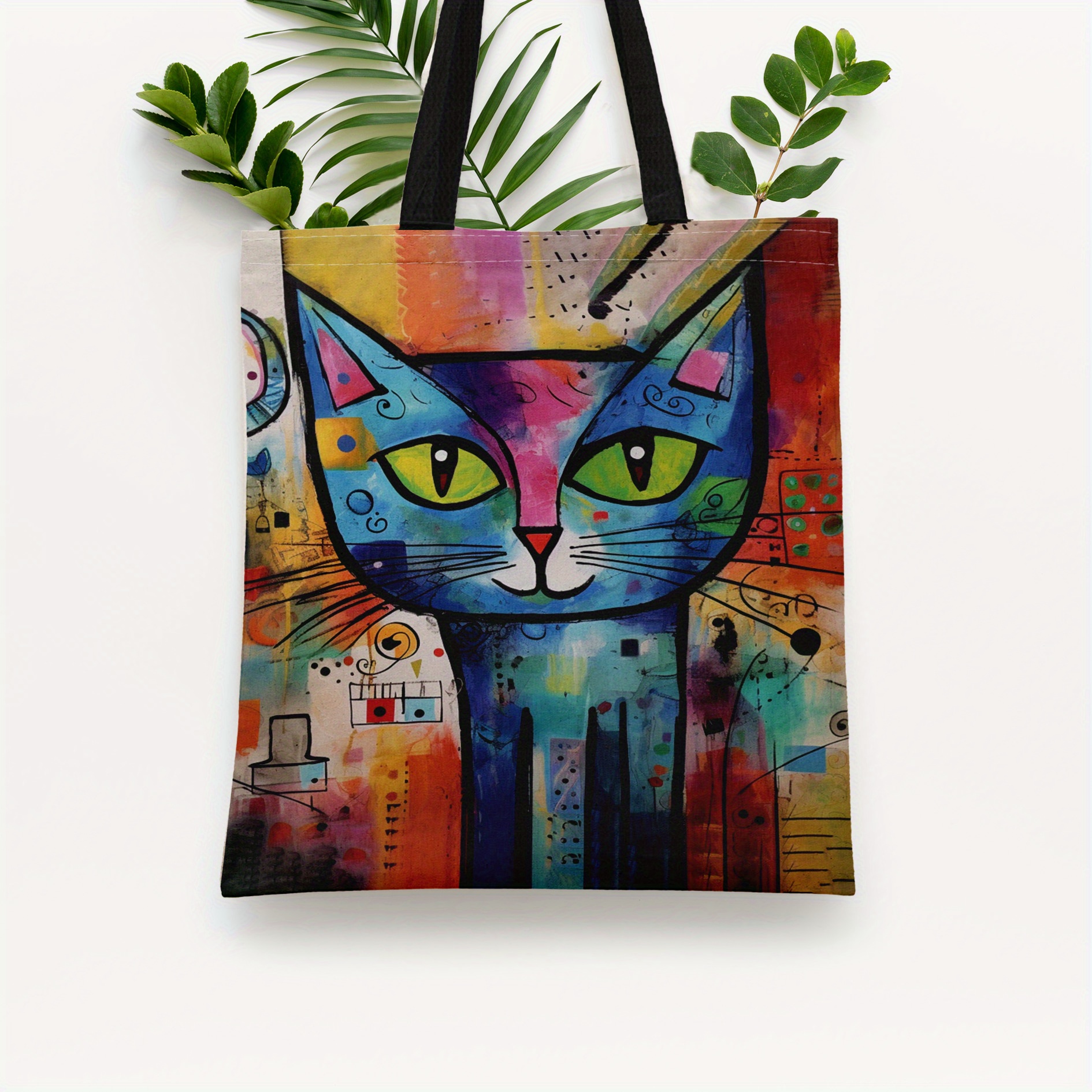 

1pc An Abstract Style Cat Pattern Canvas Tote Bag, Casual Large Capacity Shoulder Bag, Perfect Handbag For Shopping, Holiday Gift