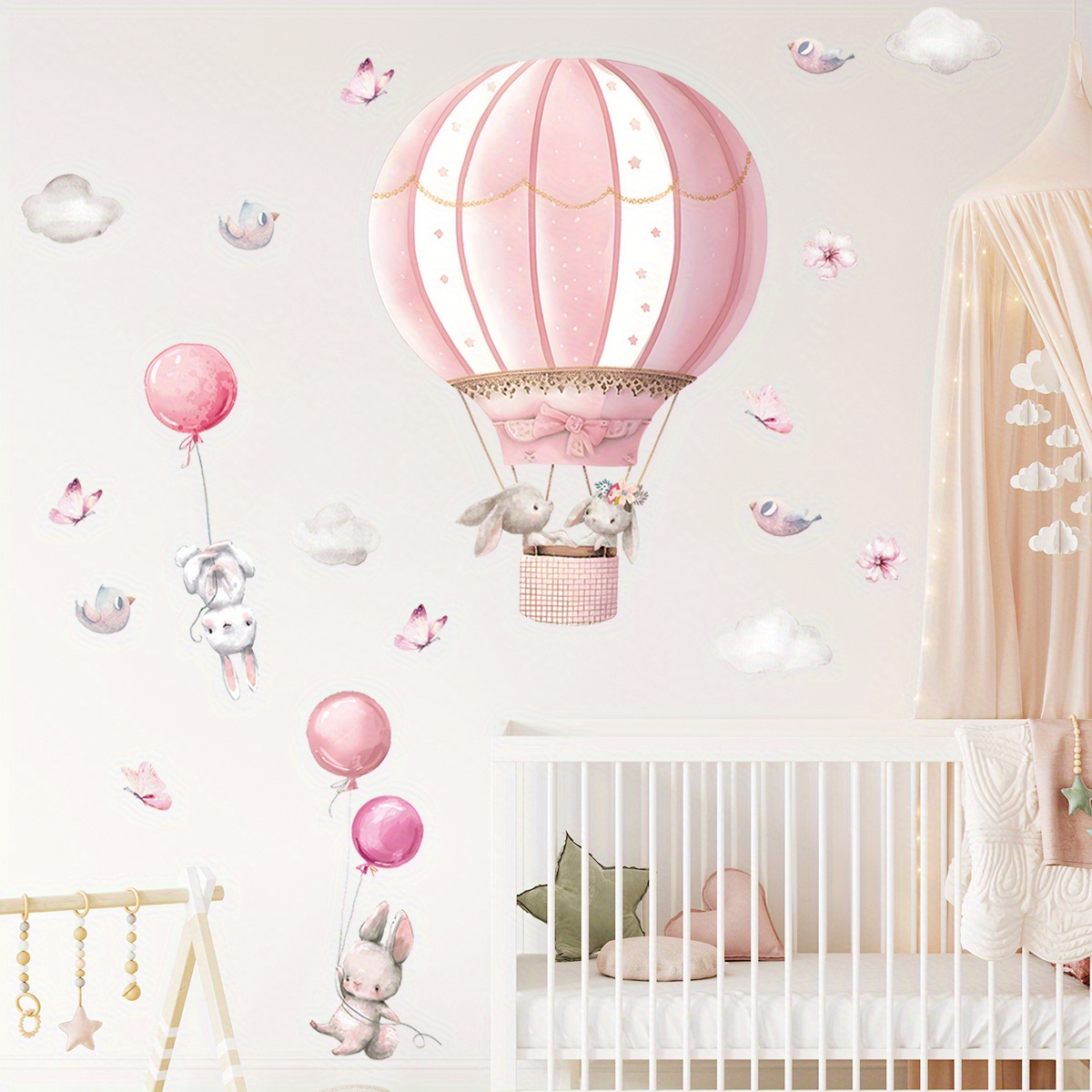 Image of 2pcs Cartoon Cute Rabbit Pink Hot Air Balloon Clouds Wall Stickers For Bedroom Living Room Home Decoration Wall Decals