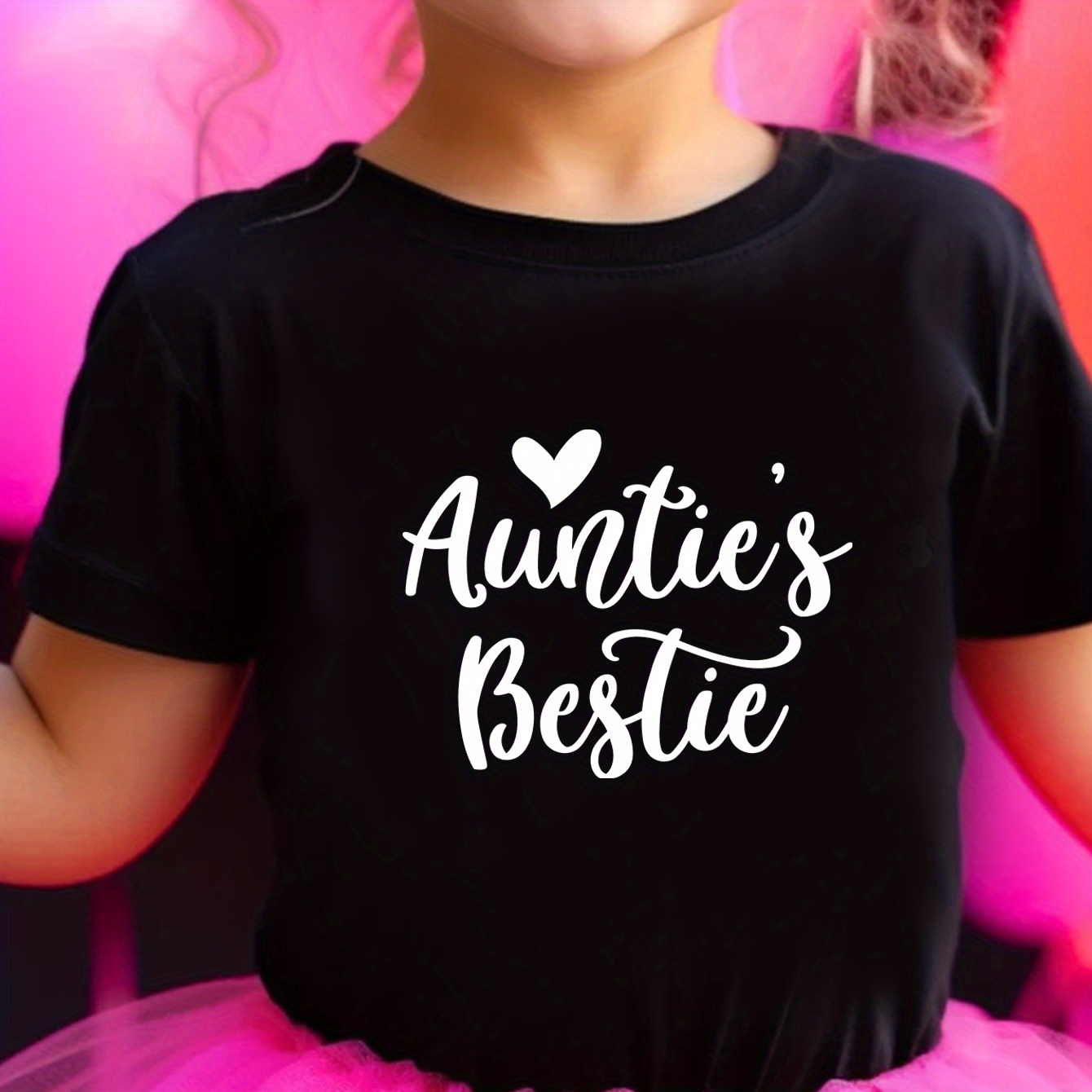 

Auntie Is My Bestie Print Casual Girls Short Sleeve T-shirt, Breathable Comfy Crew Neck Tees For Summer