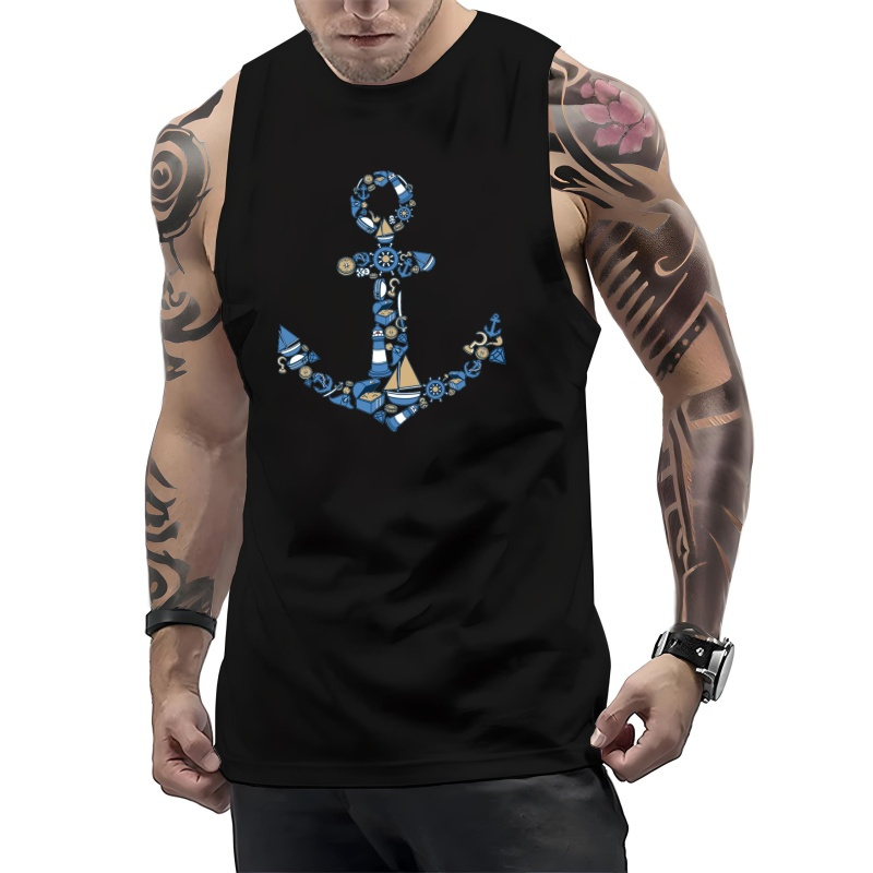 

Men's Anchor Graphic Print Tank Top, Causal Fashion Sleeveless Tees Sports Fitness, Men's Clothing