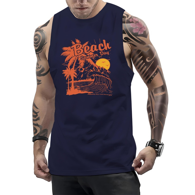 

Beach And Coconut Tree Print Summer Men's Quick Dry Moisture-wicking Breathable Tank Tops Athletic Gym Bodybuilding Sports Sleeveless Shirts For Workout Running Training Men's Clothing