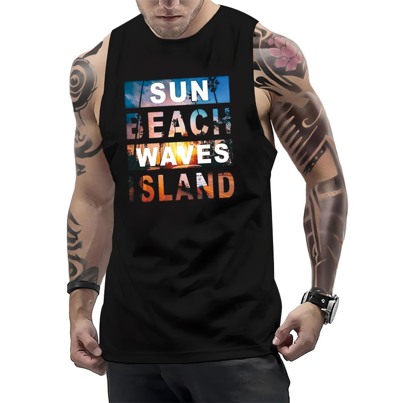 

Sun Beach Waves Island Print Summer Men's Quick Dry Moisture-wicking Breathable Tank Tops Athletic Gym Bodybuilding Sports Sleeveless Shirts For Workout Running Training Men's Clothing