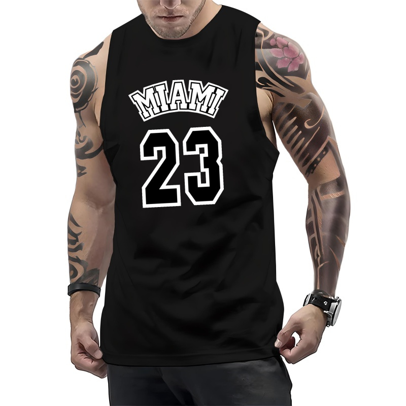 

Miami 23 Print Summer Men's Quick Dry Moisture-wicking Breathable Tank Tops Athletic Gym Bodybuilding Sports Sleeveless Shirts For Workout Running Training Men's Clothing
