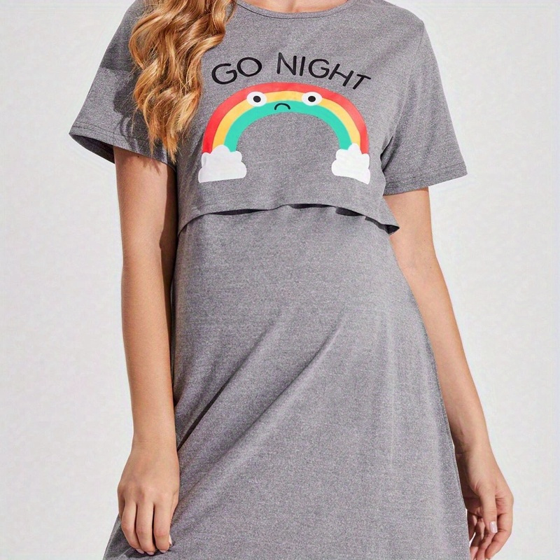 

Women's Maternity Rainbow & Letters Graphic Print Nightdress For Summer, Breast Feeding Short Sleeve Nightdress, Gender Reveal