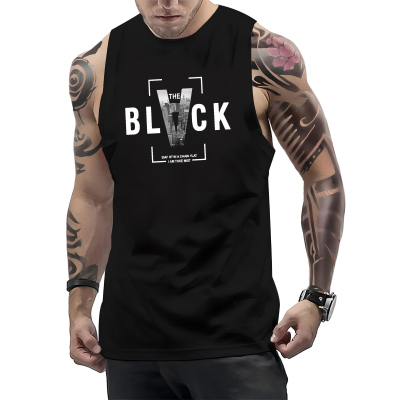

Black Print Men's Quick Dry Moisture-wicking Breathable Tank Tops Athletic Gym Bodybuilding Sports Sleeveless Shirts For Workout Running Training Men's Clothes