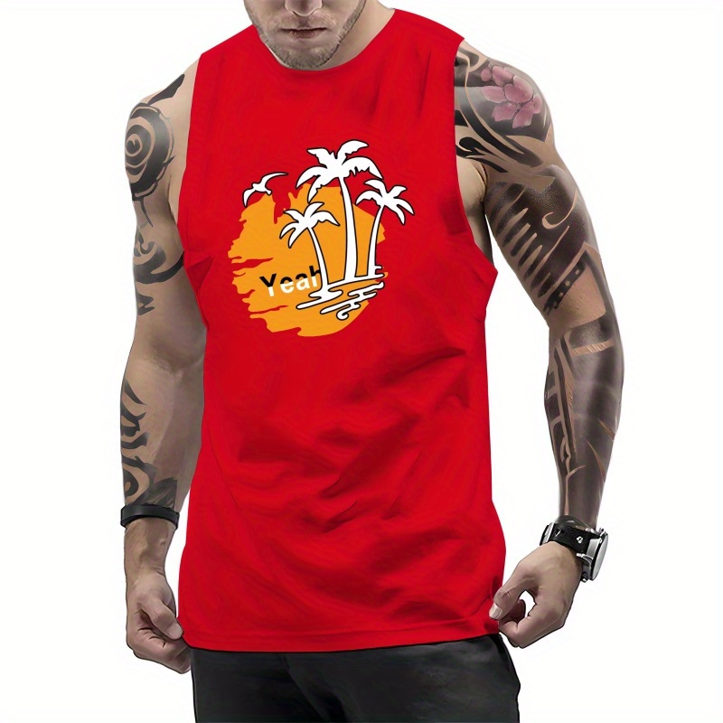 

Coconut Trees Print Men's Quick Dry Moisture-wicking Breathable Tank Tops Athletic Gym Bodybuilding Sports Sleeveless Shirts For Workout Running Training Men's Clothes