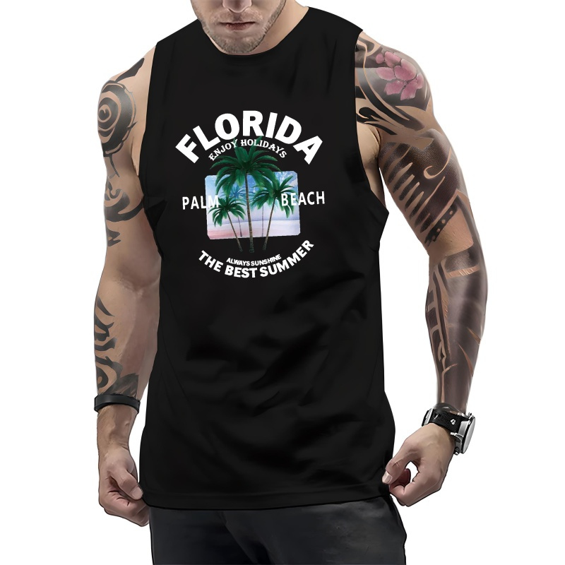 

Florida Print Summer Men's Quick Dry Moisture-wicking Breathable Tank Tops Athletic Gym Bodybuilding Sports Sleeveless Shirts For Workout Running Training Men's Clothing