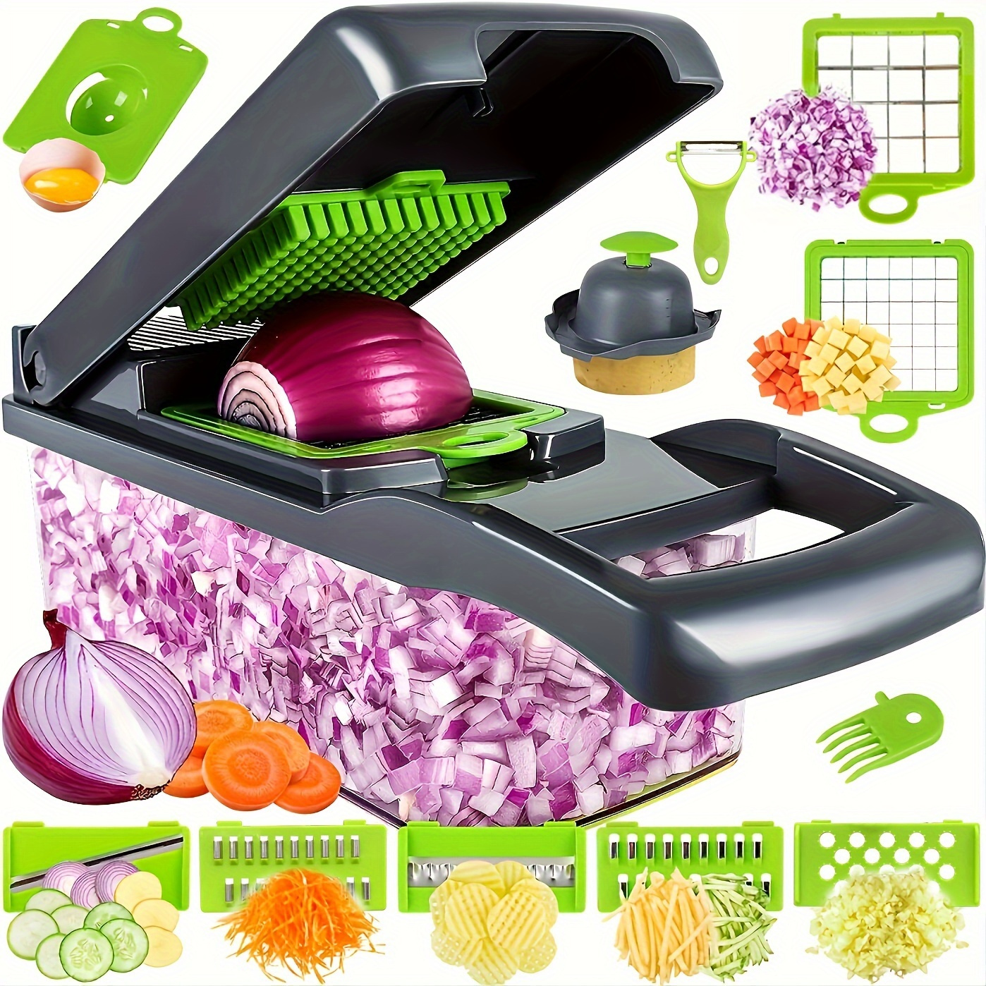 16pcs set vegetable chopper multifunctional fruit slicer vegetable slicer cutter with container onion meat grinder chopper with multiple interchangeable blades household potato chopper kitchen supplies kitchen gadgets details 1