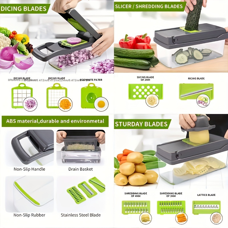 16pcs set vegetable chopper multifunctional fruit slicer vegetable slicer cutter with container onion meat grinder chopper with multiple interchangeable blades household potato chopper kitchen supplies kitchen gadgets details 5