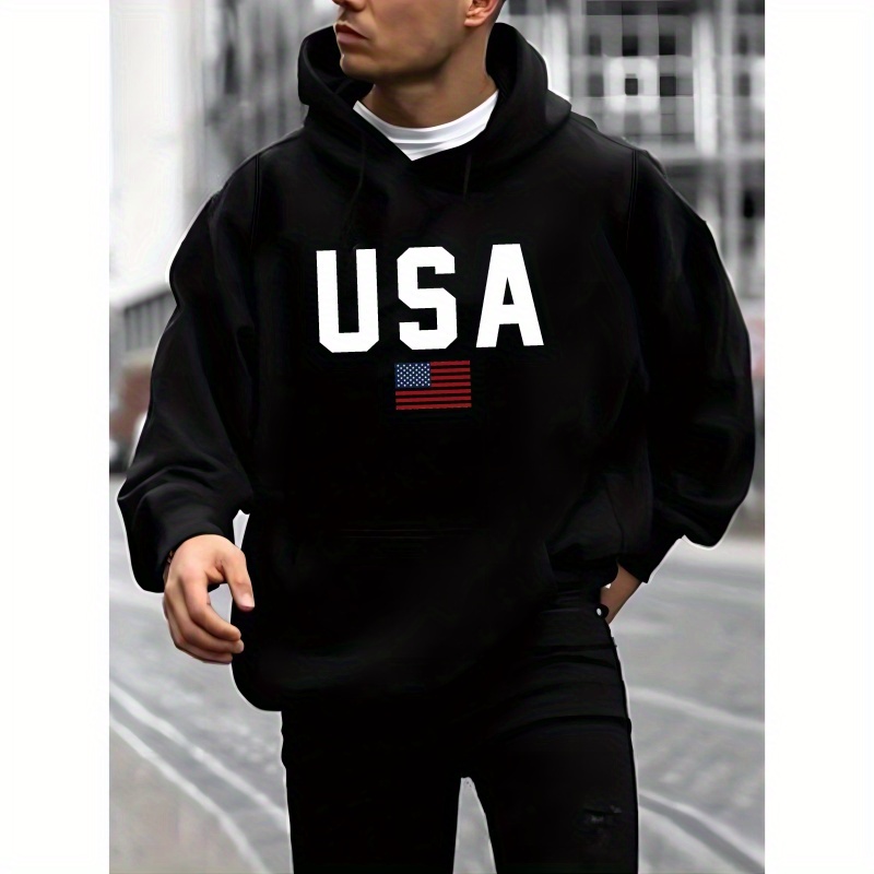 

Usa Print Hoodie, Cool Hoodies For Men, Men's Casual Pullover Hooded Sweatshirt With Kangaroo Pocket Streetwear For Winter Fall, As Gifts