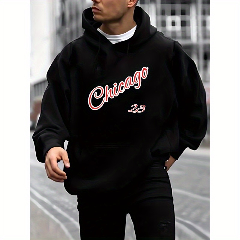 

Chicago Print Kangaroo Pocket Hoodie, Casual Long Sleeve Hoodies Pullover Sweatshirt, Men's Clothing, For Fall Winter