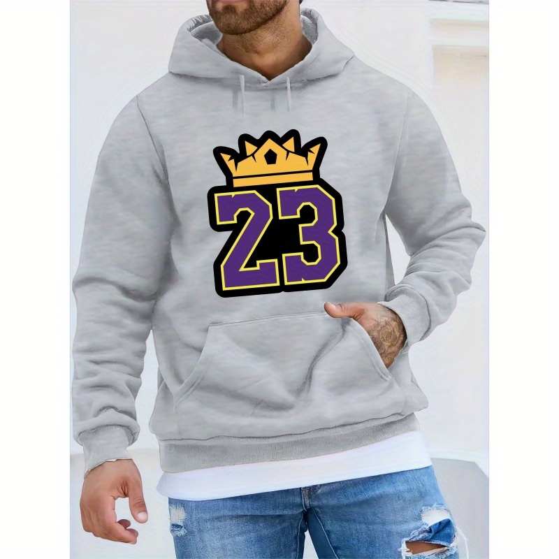 

23 Crown Print Kangaroo Pocket Hoodie, Casual Long Sleeve Hoodies Pullover Sweatshirt, Men's Clothing, For Fall Winter