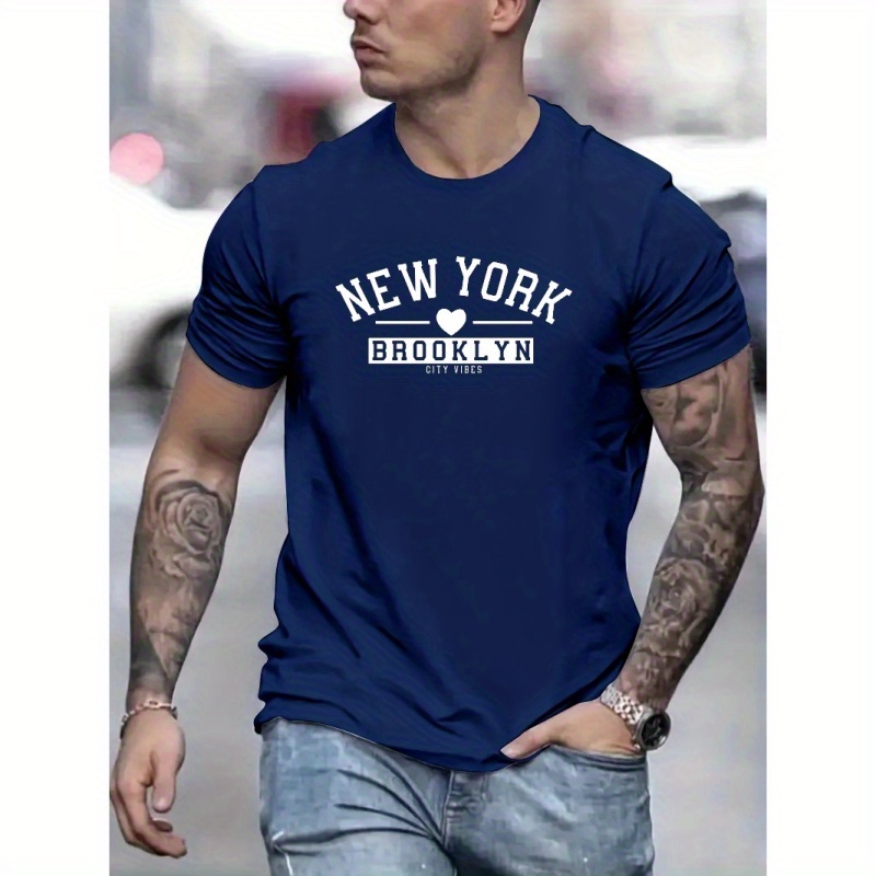 

New York Print Men's Trendy T-shirts, Casual Graphic Tee, Short Sleeve Round Neck Tops, Men's Spring Summer Clothes Outfits, Men's Clothing