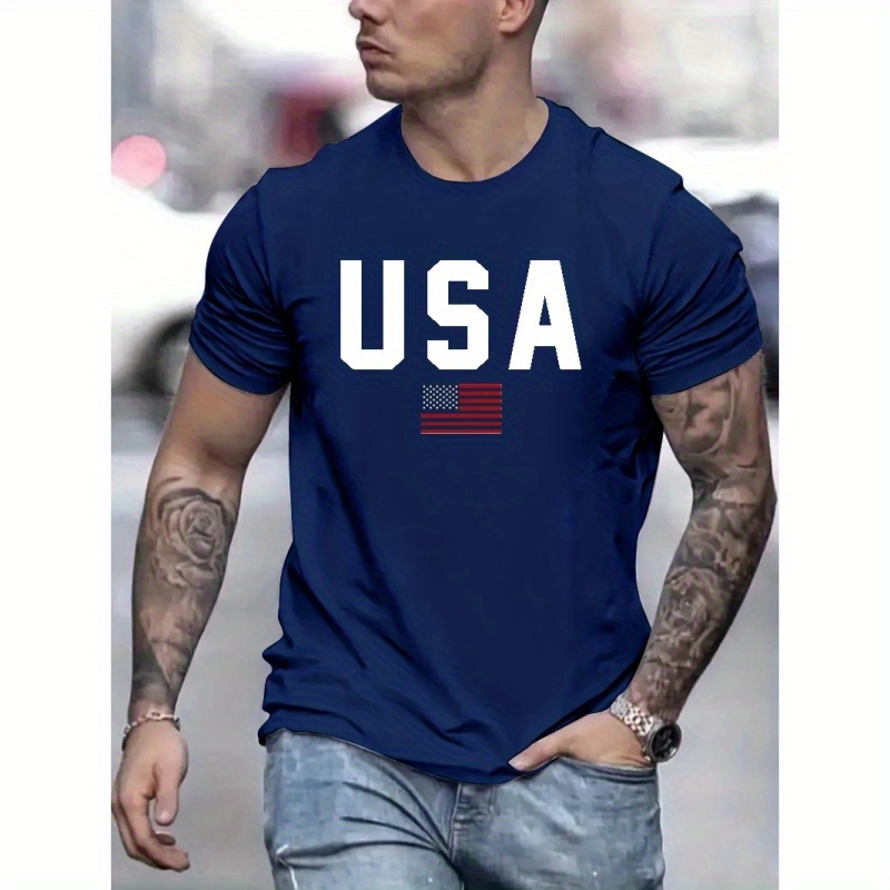 

Usa Print Men's Trendy T-shirts, Casual Graphic Tee, Short Sleeve Round Neck Tops, Men's Spring Summer Clothes Outfits, Men's Clothing