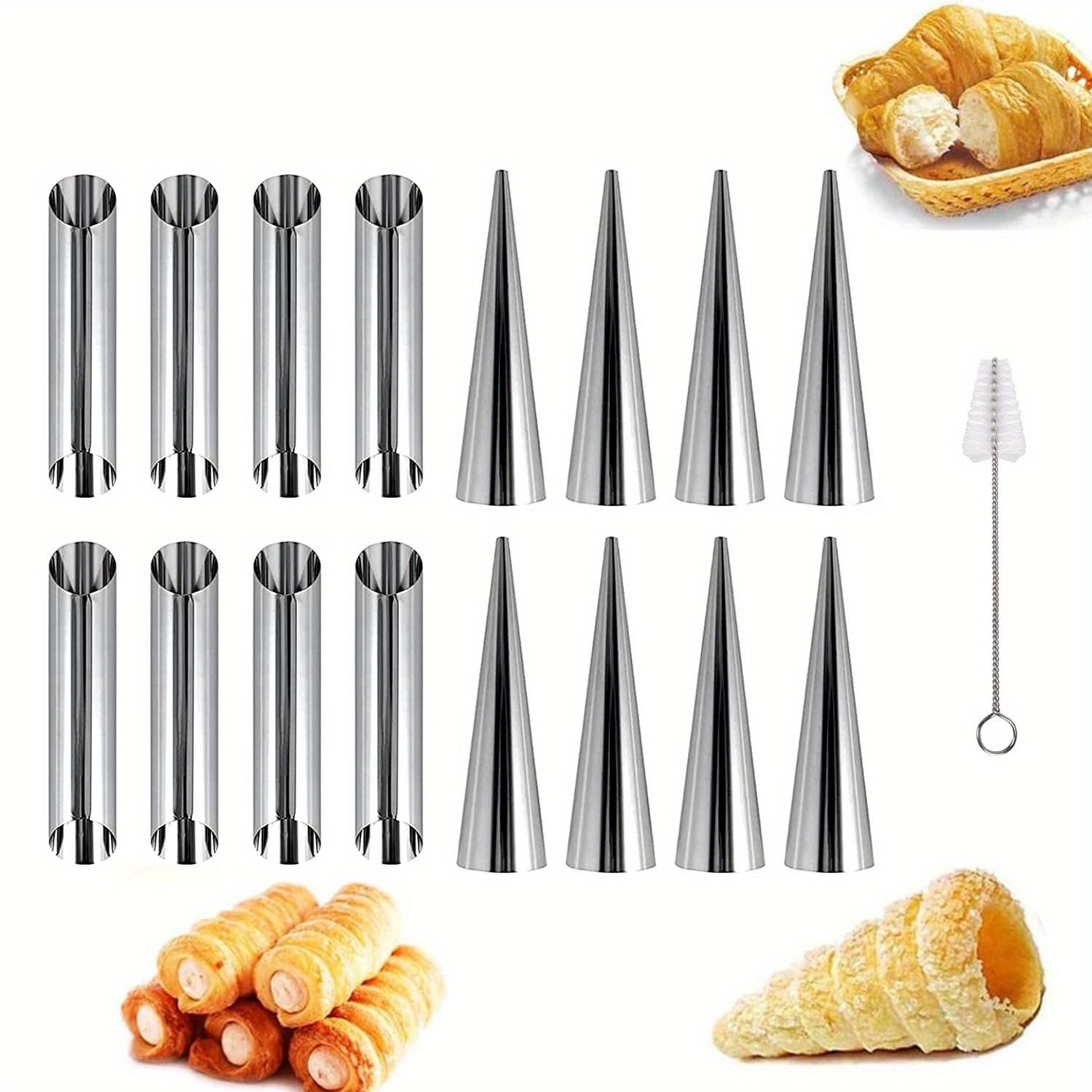 9 17pcs italian roll cream horn stainless steel croissant cream roll mold conical tube croissant shell cream roll cleaning tube brush details 0