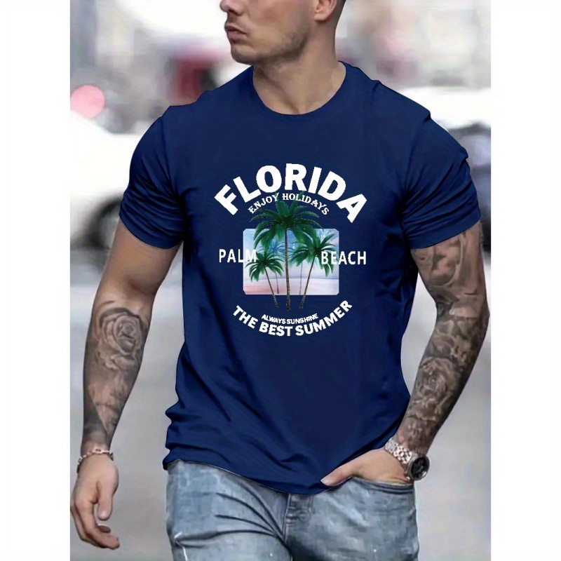 

Florida Palm Beach T-shirt Imprimé, Tees Pour Hommes, T-shirt Décontracté À Manches Courtes Pour L'été