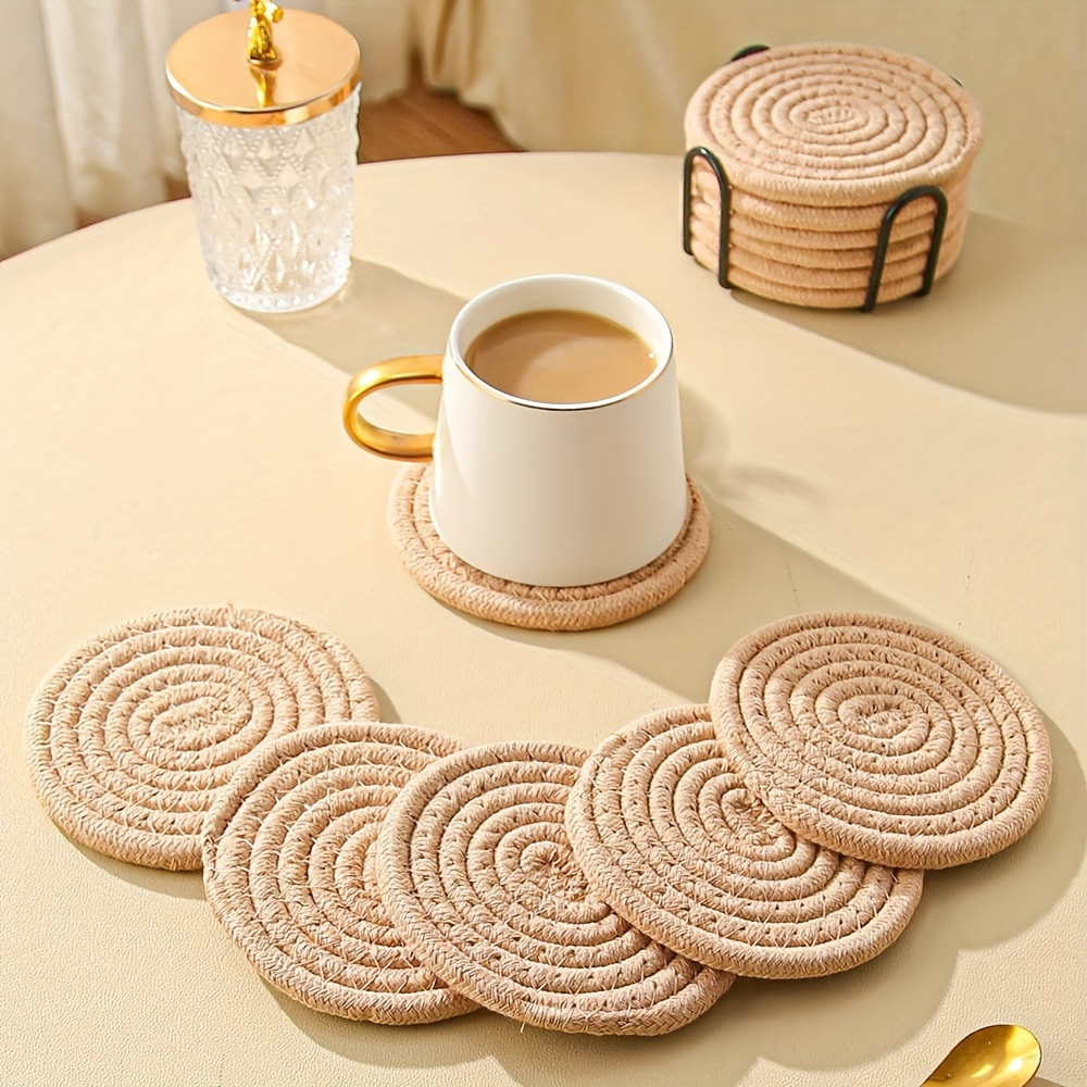 

6pcs Table Mats, Cup Coasters, Brown Cotton Individual Table Mats, Handwoven Insulating Mats, Coasters, Plates And Pots Mats