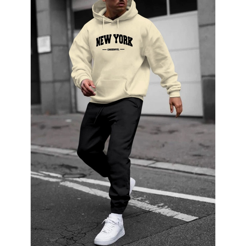 

New York Print Men's 2pcs Outfits Casual Crew Neck Long Sleeve Hooded Sweatshirt With Kangaroo Pocket & Drawstring Sweatpants Joggers Set For Winter Fall Men's Clothing