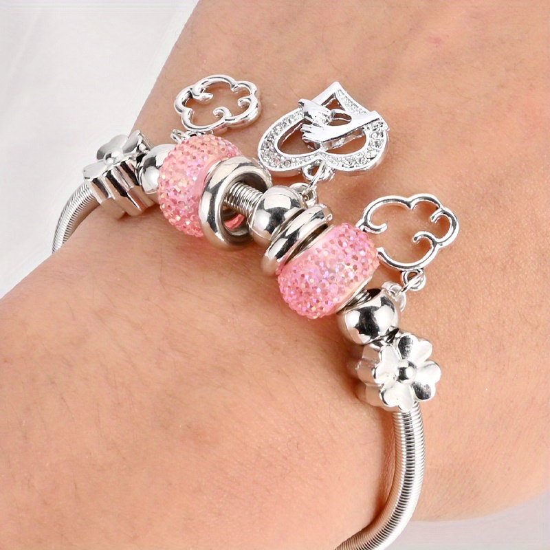Kids Silver Pink Teddy Charm Bracelet