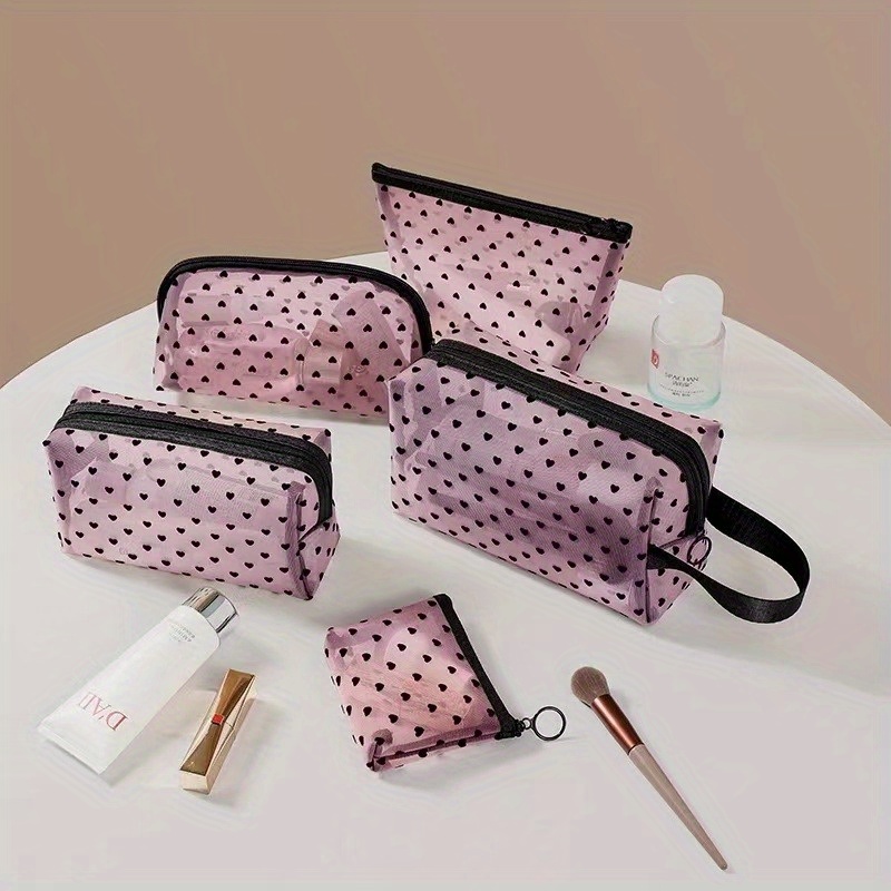 

Heart Print Transparent Mesh Cosmetic Bag Travel Toiletry Wash Makeup Bag Storage Case New Zipper Make Up Bags