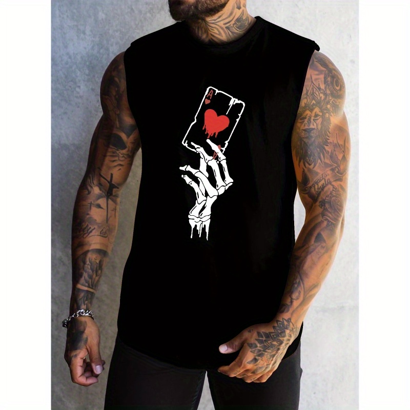 

Skeletal Hand With Heart Of Ace Graphic Print, Men's Graphic Design Tank Top, Casual Comfy Sleeveless Shirt For Men, Men's Sporty Breathable Clothing Top For Gym Training Workout, For Summer