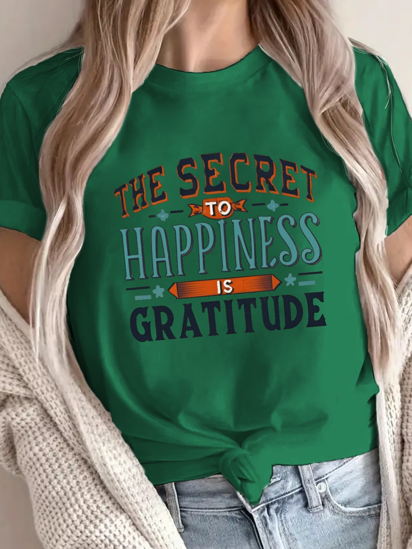 Happiness Secret Gratitude Print T shirt Short Sleeve Crew - Temu New ...