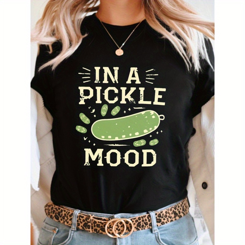 

Pickle Themed And Vintage Mood Print T-shirt, Short Sleeve Crew Neck Casual Top For Summer & Spring, Women's Clothing