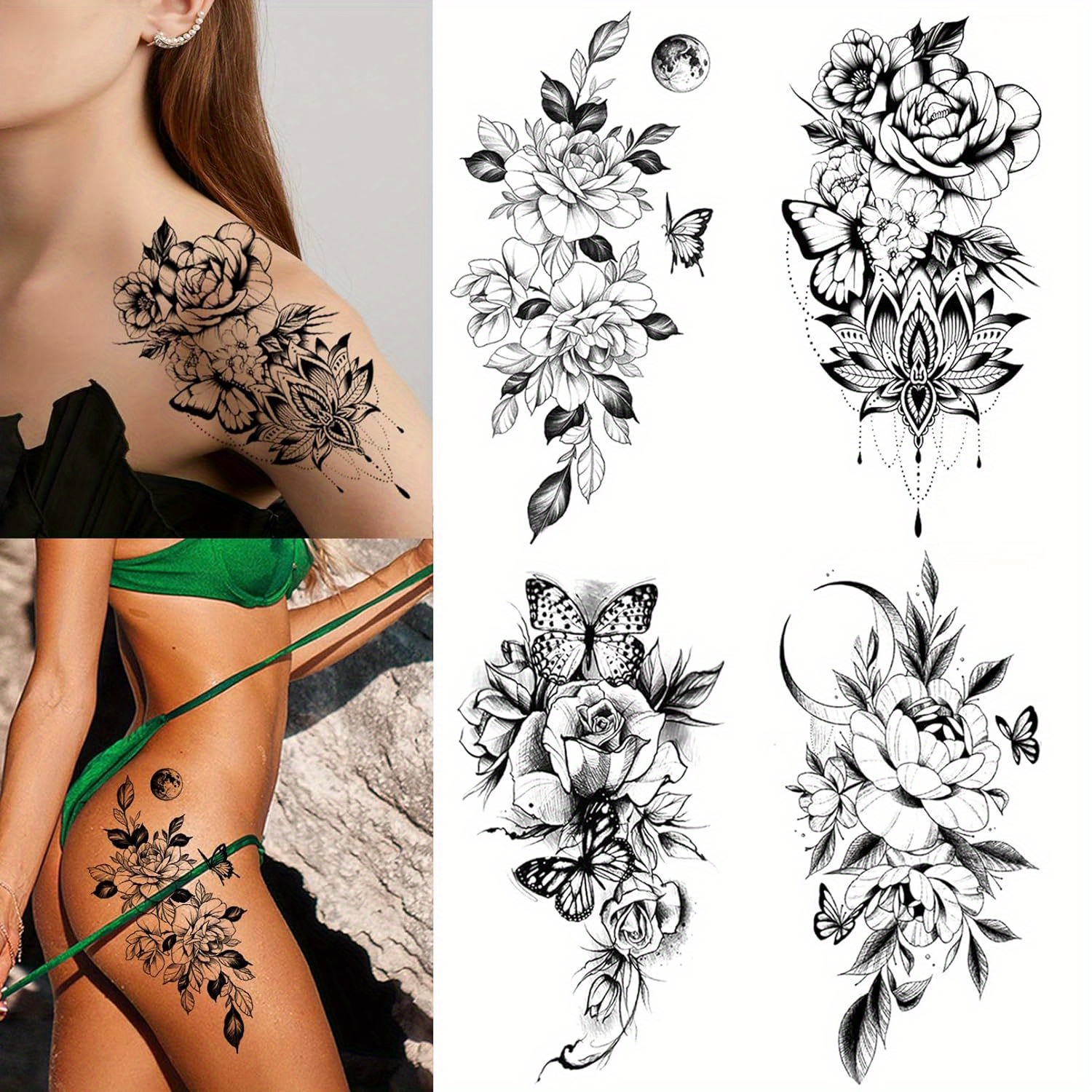 

10 Sheets Flower Butterfly Temporary Tattoos For Women Girls, Large Waterproof Arm Adults Fake, Realistic That Look Real Last Long Tattoo Stickers Party Gifts