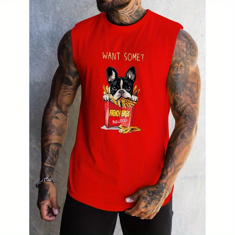 

Want Some And Pug Eating French Fries Graphic Print, Men's Graphic Design Tank Top, Casual Comfy Sleeveless Shirt For Men, Men's Sporty Breathable Clothing Top For Gym Training Workout, For Summer