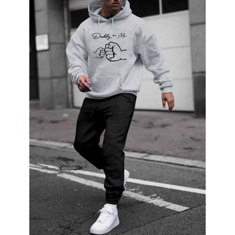 

Father & Me Print Men's 2pcs Outfits Casual Crew Neck Long Sleeve Hooded Sweatshirt With Kangaroo Pocket & Drawstring Sweatpants Joggers Set For Winter Fall Men's Clothing