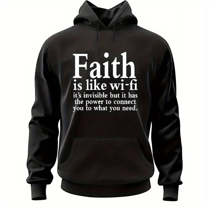 

Faith Is Like Wifi Print Men's Pullover Round Neck Long Sleeve Hooded Sweatshirt Pattern Loose Casual Top For Autumn Winter Men's Clothing As Gifts