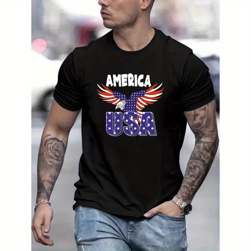 

America Eagle Print Tees For Men, Casual Crew Neck Short Sleeve T-shirt, Comfortable Breathable T-shirt For Summer