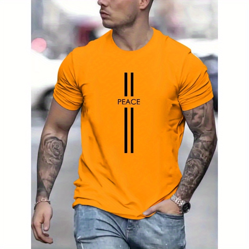 

Peace Print Men's Trendy T-shirts, Casual Graphic Tee, Short Sleeve Round Neck Tops, Men's Spring Summer Clothes Outfits, Men's Clothing