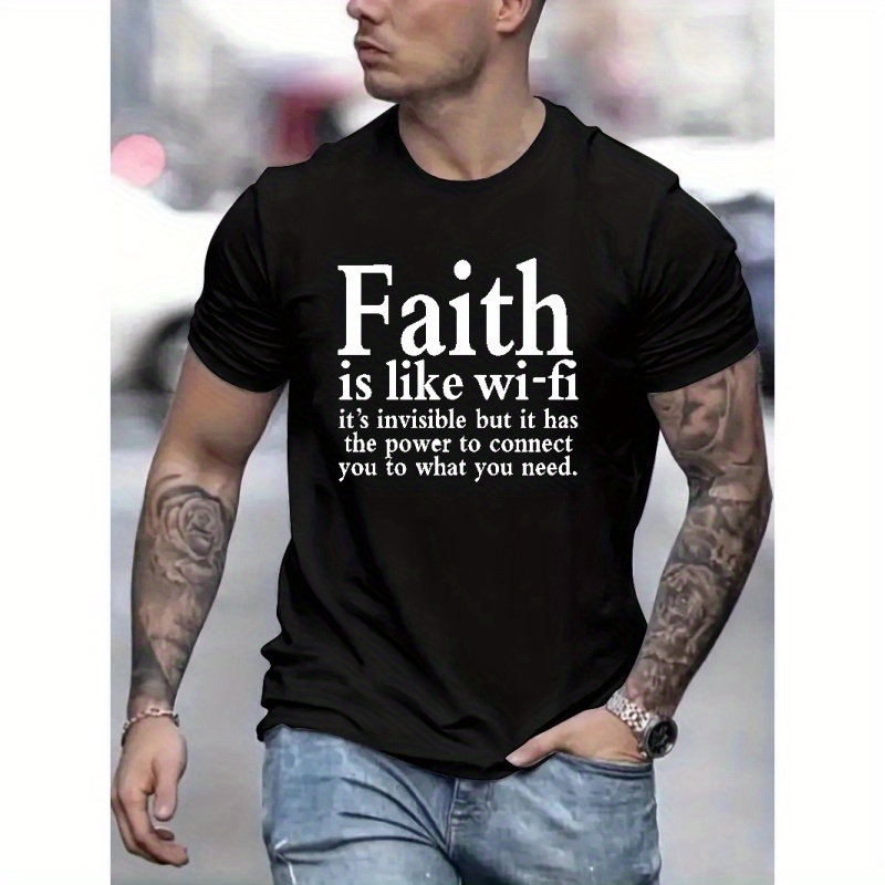 

Faith Is Like Wi-fi Print Men's Trendy T-shirts, Casual Graphic Tee, Short Sleeve Round Neck Tops, Men's Spring Summer Clothes Outfits, Men's Clothing
