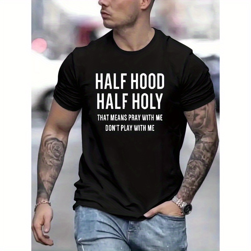 

Half Hood Half Holy Print Men's Trendy T-shirts, Casual Graphic Tee, Short Sleeve Round Neck Tops, Men's Spring Summer Clothes Outfits, Men's Clothing