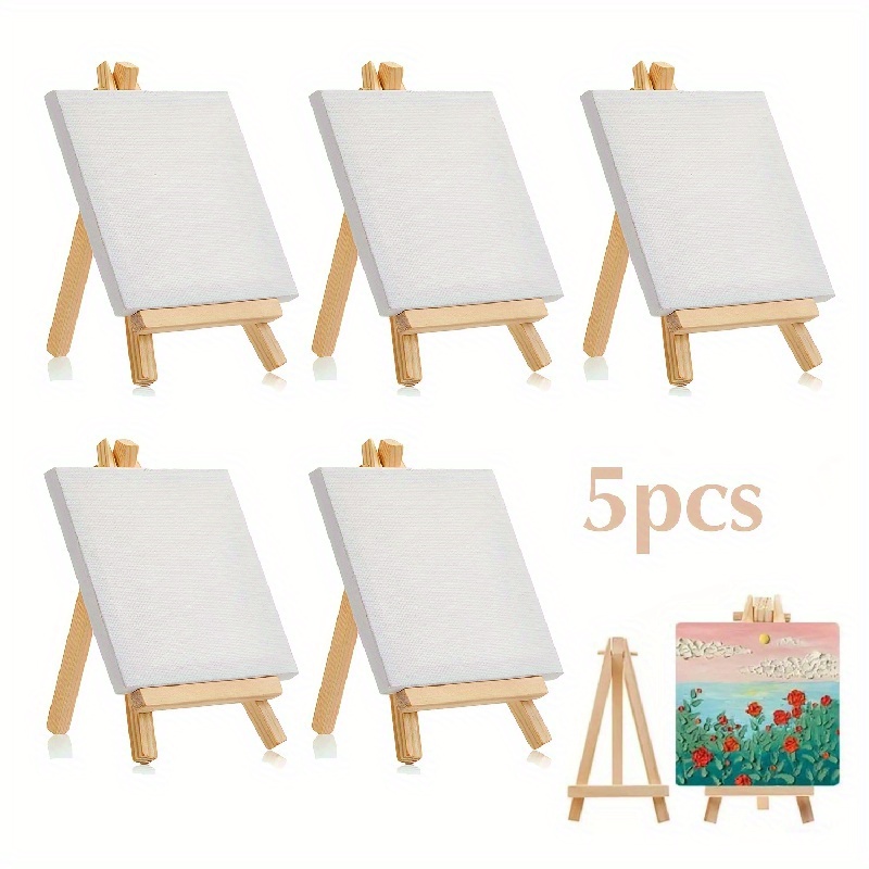 6 Pack Mini Canvas And Easel Set Mini Canvas Panels Mini Wood Easels,  Canvas Size Is 4 X 4; Easel Size Is 3.1 X 5.9 For Kids Painting,  Oil Painting And Diy