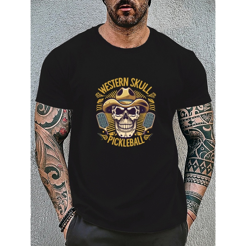 

'western Skull Pickleball' Print Tees For Men, Casual Quick Drying Breathable T-shirt, Short Sleeve T-shirt For All Seasons