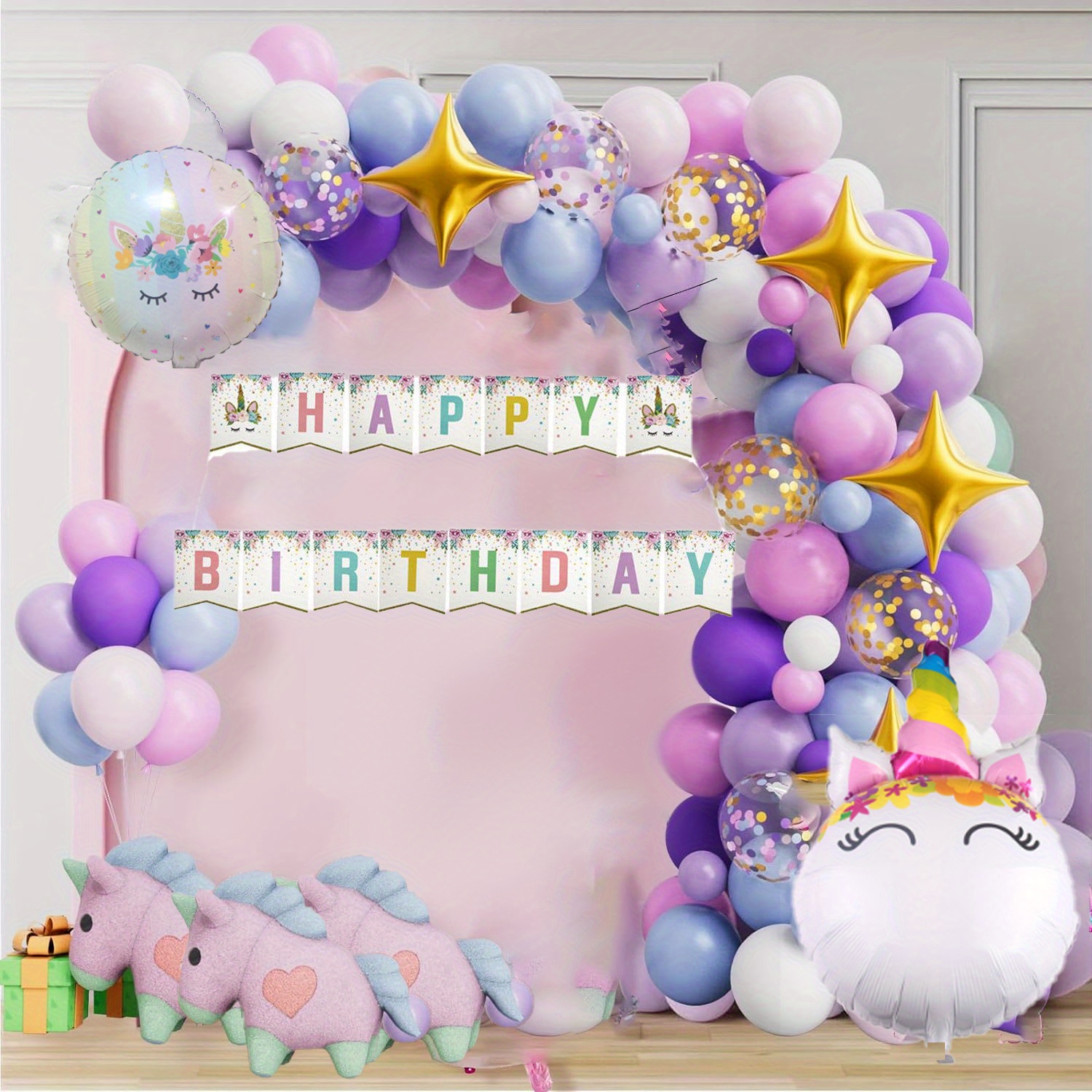 24 adornos para tartas de unicornio, decoraciones de pastel de arcoíris con  estrellas arco iris, globos de unicornio, decoraciones de pastel de feliz
