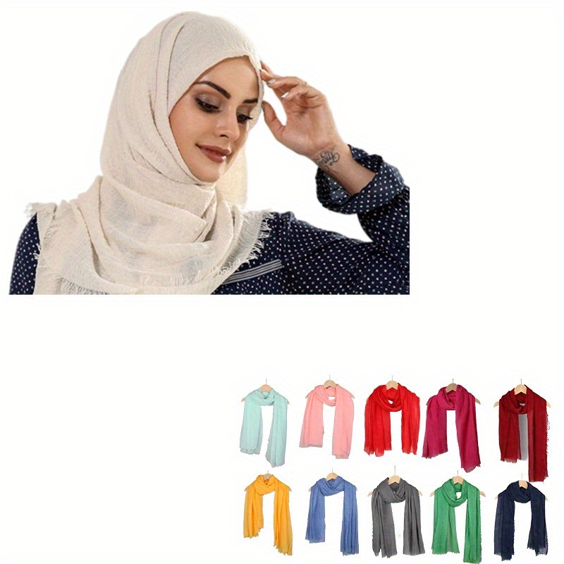 

Basic Solid Color Bubble Hijab, Thin Breathable Cotton Scarf, Spring Summer Sunscreen Short Beard Shawl For Women