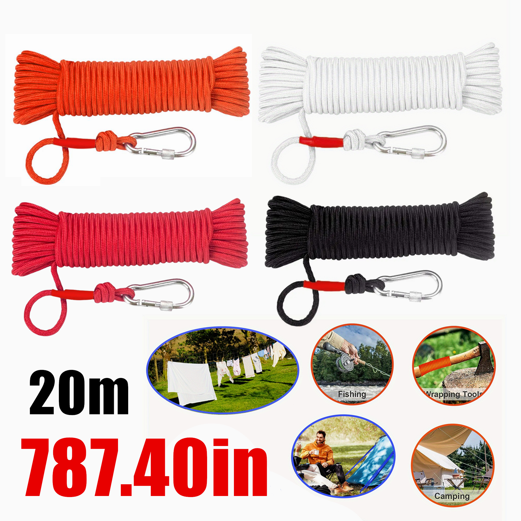 

Nylon Outdoor Clothesline 787.40in - Durable Multipurpose Rope With Hook For Camping, Fishing, Hiking, Dog Leash, And Adventure Sports - 1pc