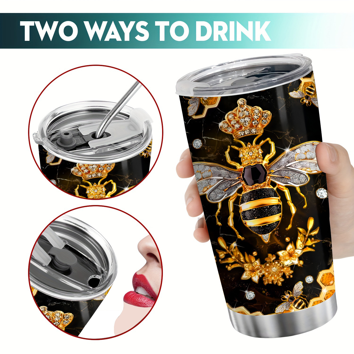 

1pc, Bee Tumbler With Lid, 20oz Stainless Steel Water Bottle, Insulated Water Cups, Summer Winter Drinkware, Outdoor Travel Accessories, Valentine's Day Gifts
